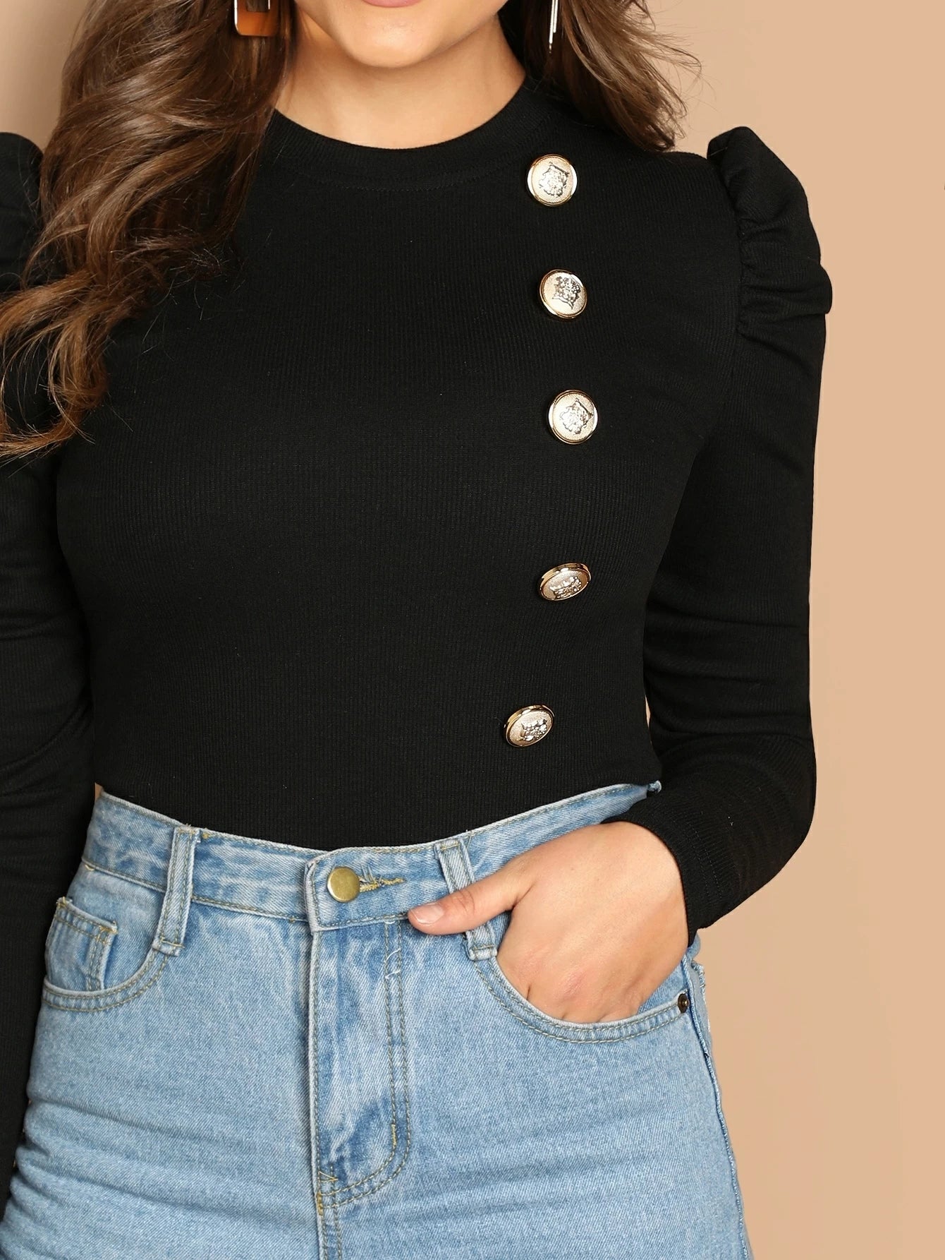 Button Front Puff Sleeve Top