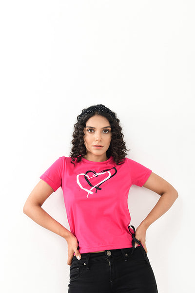 Heart Print - Cross Bow Short Sleeve Tee - Pink - zettrobe