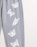 Butterfly Print Drawstring Waist Jogger Pants - Grey