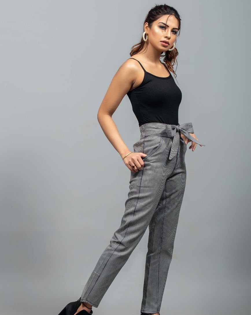 Checkered Plaid Belted Straight Pants - zettrobe