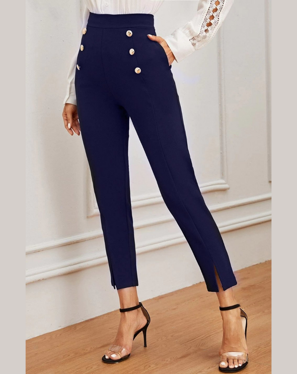 Double Button Split Hem Pants - Blue - zettrobe