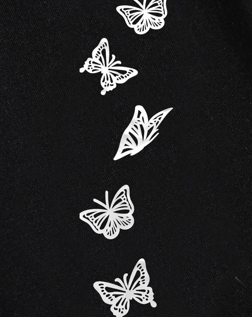 Butterfly Print Drawstring Waist Jogger Pants - Black - zettrobe