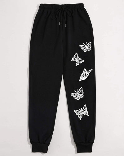 Luxury Zip Up Pouch Pocket Drawstring Hoodie with Butterfly Print Jogger Set - Black - zettrobe