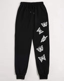 Luxury Zip Up Pouch Pocket Drawstring Hoodie with Butterfly Print Jogger Set - Black