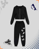 Luxury Zip Up Pouch Pocket Drawstring Hoodie with Butterfly Print Jogger Set - Black