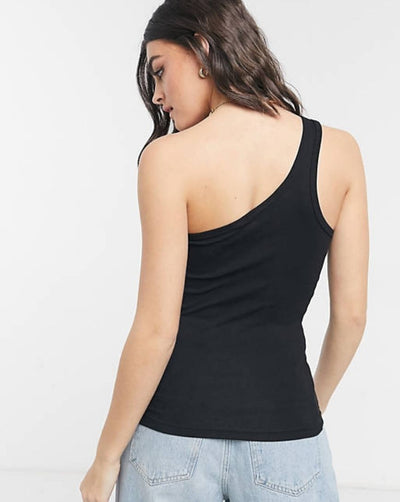 Solid One Shoulder Fitted Tank Top - zettrobe