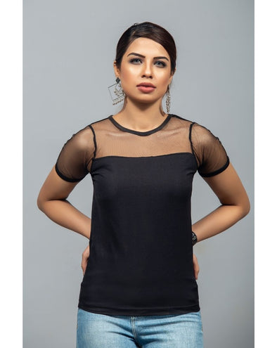 Round Neckline Mesh Half Sleeve Top - zettrobe