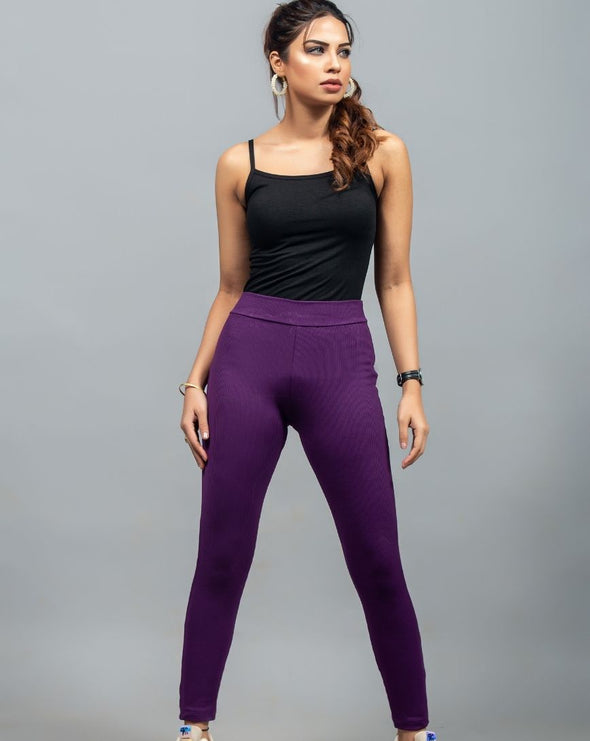 Wide Waistband Solid Leggings – Purple - zettrobe