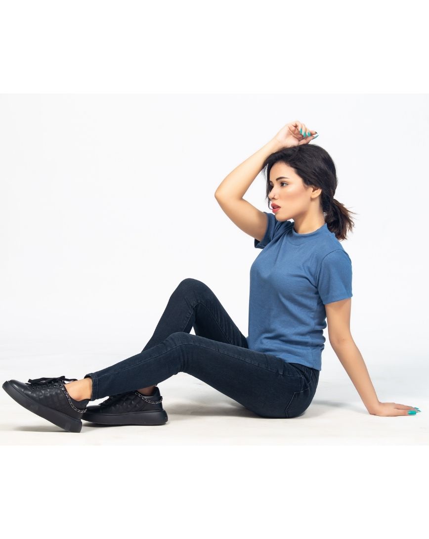 Mock Neck Cropped Tee - Blue